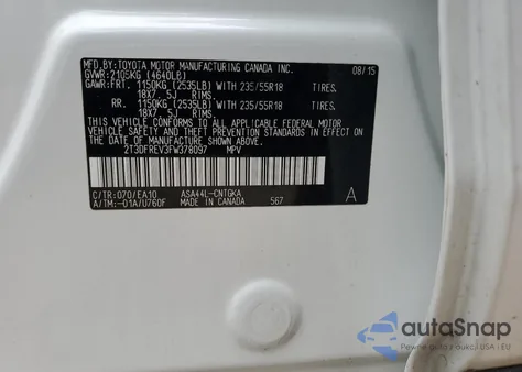 2015 Toyota Rav4 Limited from USA, damaged, VIN 2T3DFREV3FW378097